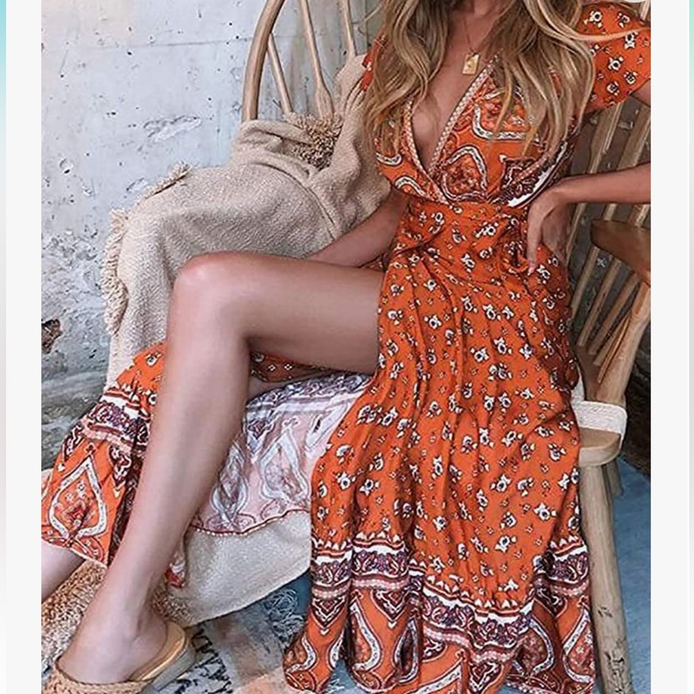 Bohemian Floral Printed Wrap V Neck Short Sleeve Split Beach Party Maxi Dress